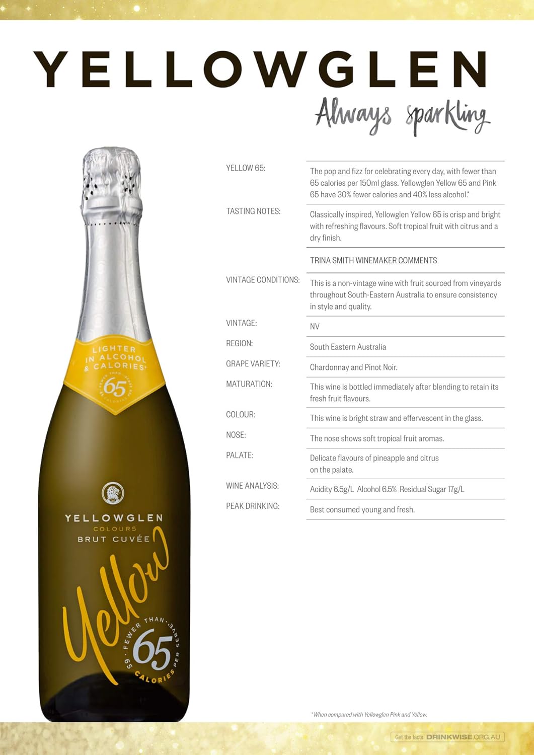 Yellowglen Yellow 65 Lower Alcohol Sparkling NV Wine, 750 ml (Pack Of 6)