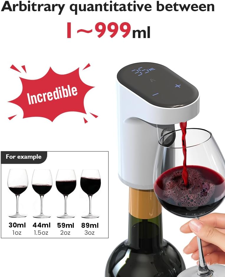 Electric Wine Decanter Pump - Rechargeable Smart Dispenser Adjustable 1-999ml, Precise Pouring for Wine、Whisky、Liquor、Drink、Automatic Aerator Measuring Display for Home Bar or Gift(Black)