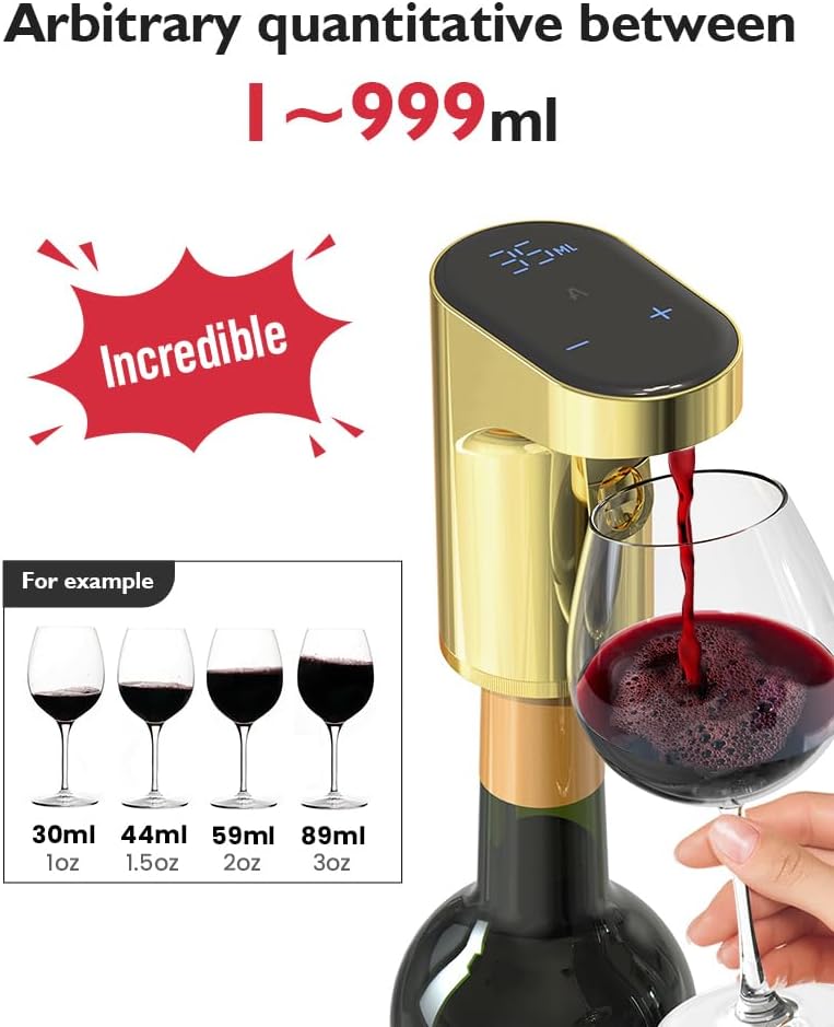 Electric Wine Decanter Pump - Rechargeable Smart Dispenser Adjustable 1-999ml, Precise Pouring for Wine、Whisky、Liquor、Drink、Automatic Aerator Measuring Display for Home Bar or Gift(Black)