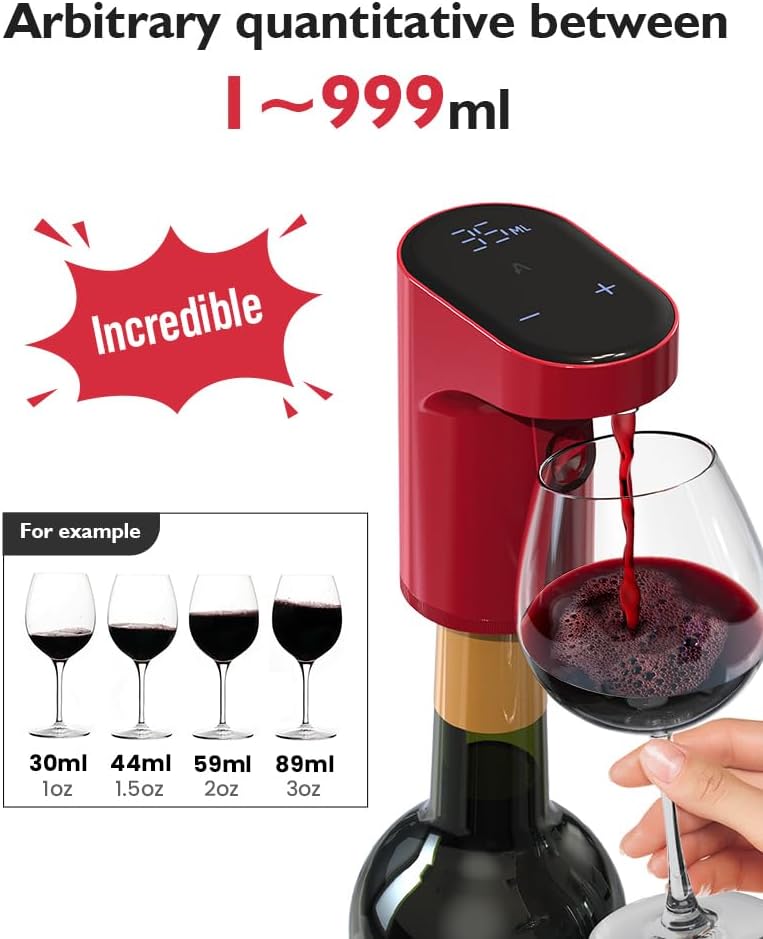 Electric Wine Decanter Pump - Rechargeable Smart Dispenser Adjustable 1-999ml, Precise Pouring for Wine、Whisky、Liquor、Drink、Automatic Aerator Measuring Display for Home Bar or Gift(Black)
